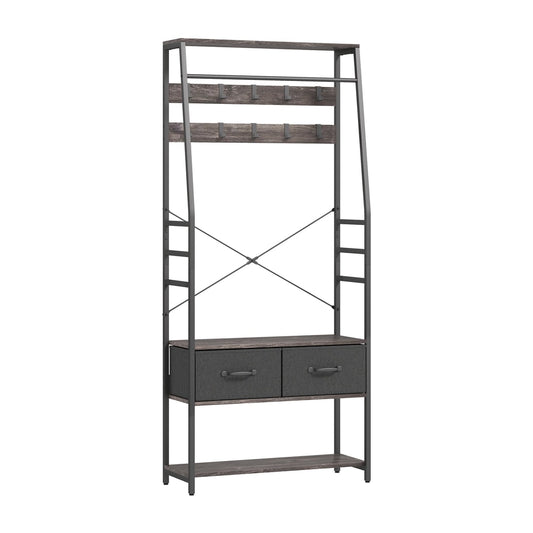 HOMCOM Coat Rack with Shoe Storage, a tall industrial style hall tree with hooks, drawers and shoe shelves