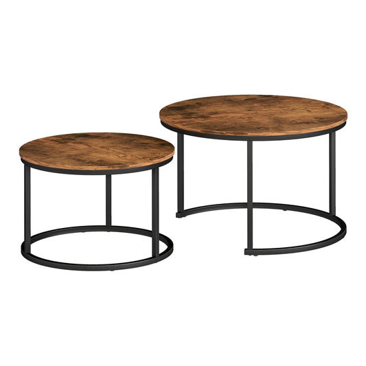 HOMCOM Coffee Table Set of 2, rustic brown round tables with black metal frames