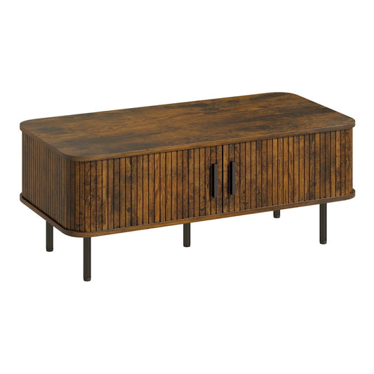 HOMCOM Coffee Table with Storage, a rustic brown rectangular table with slatted tambour sliding doors and black legs