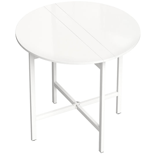 HOMCOM Collapsible Drop Leaf Table, a white round dining table with a steel frame