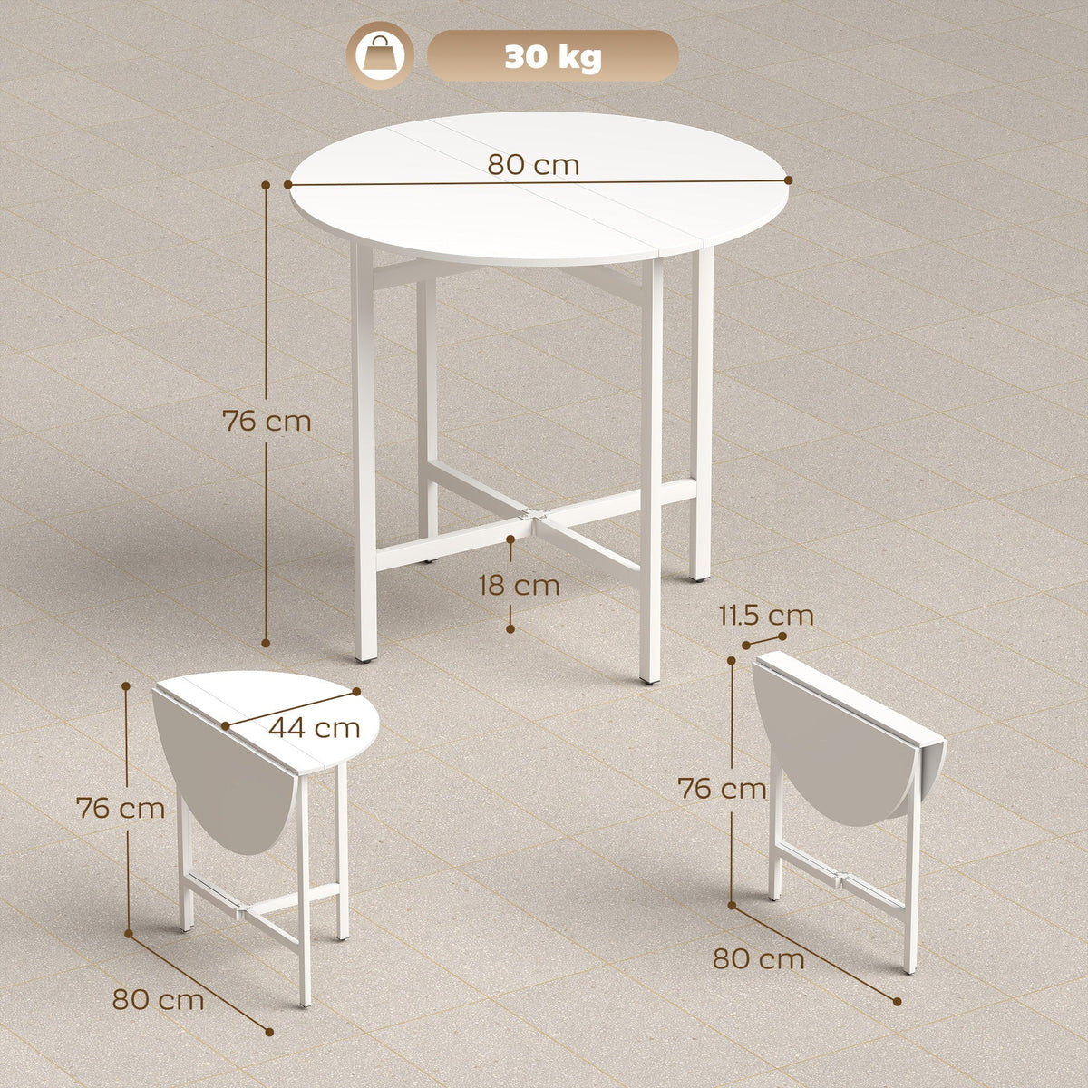 A white drop leaf dining table with dimensions shown, including folded and unfolded views