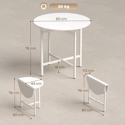 A white drop leaf dining table with dimensions shown, including folded and unfolded views