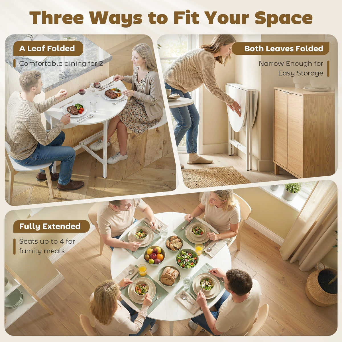 Three ways to use the drop leaf dining table: for two people, for easy storage, and for four people