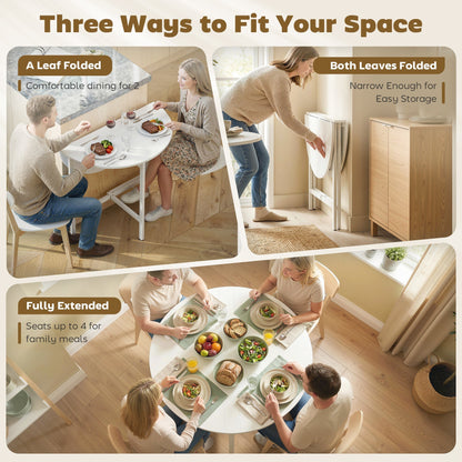 Three ways to use the drop leaf dining table: for two people, for easy storage, and for four people