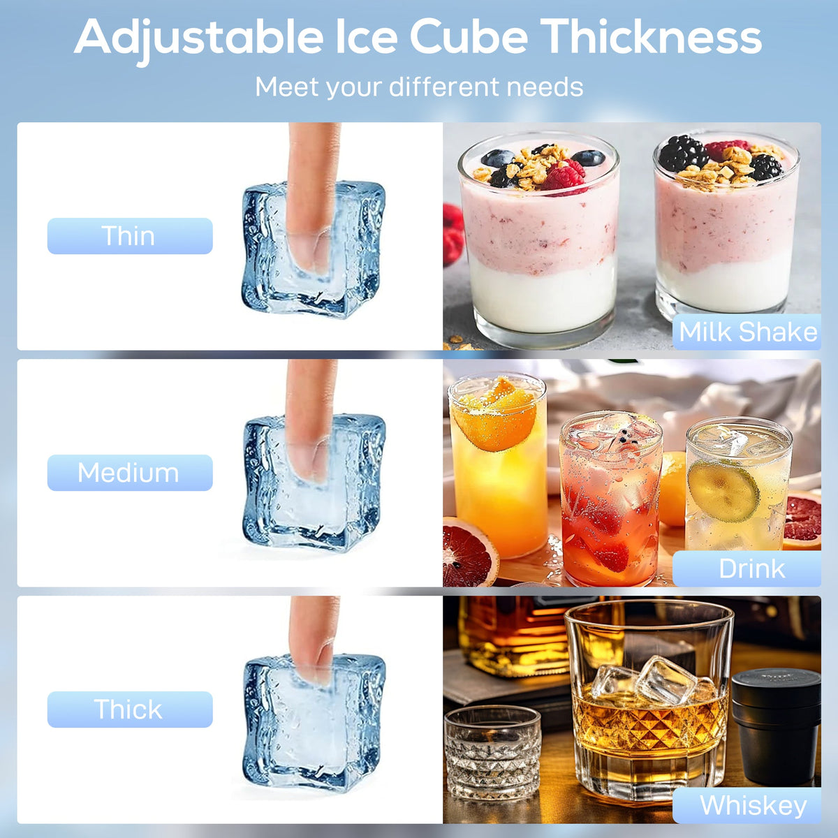 The ice maker machine is shown with different ice cube thicknesses for drinks