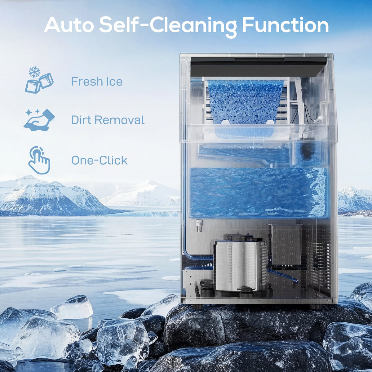 The commercial ice machine's internal workings are shown with the self-cleaning function highlighted