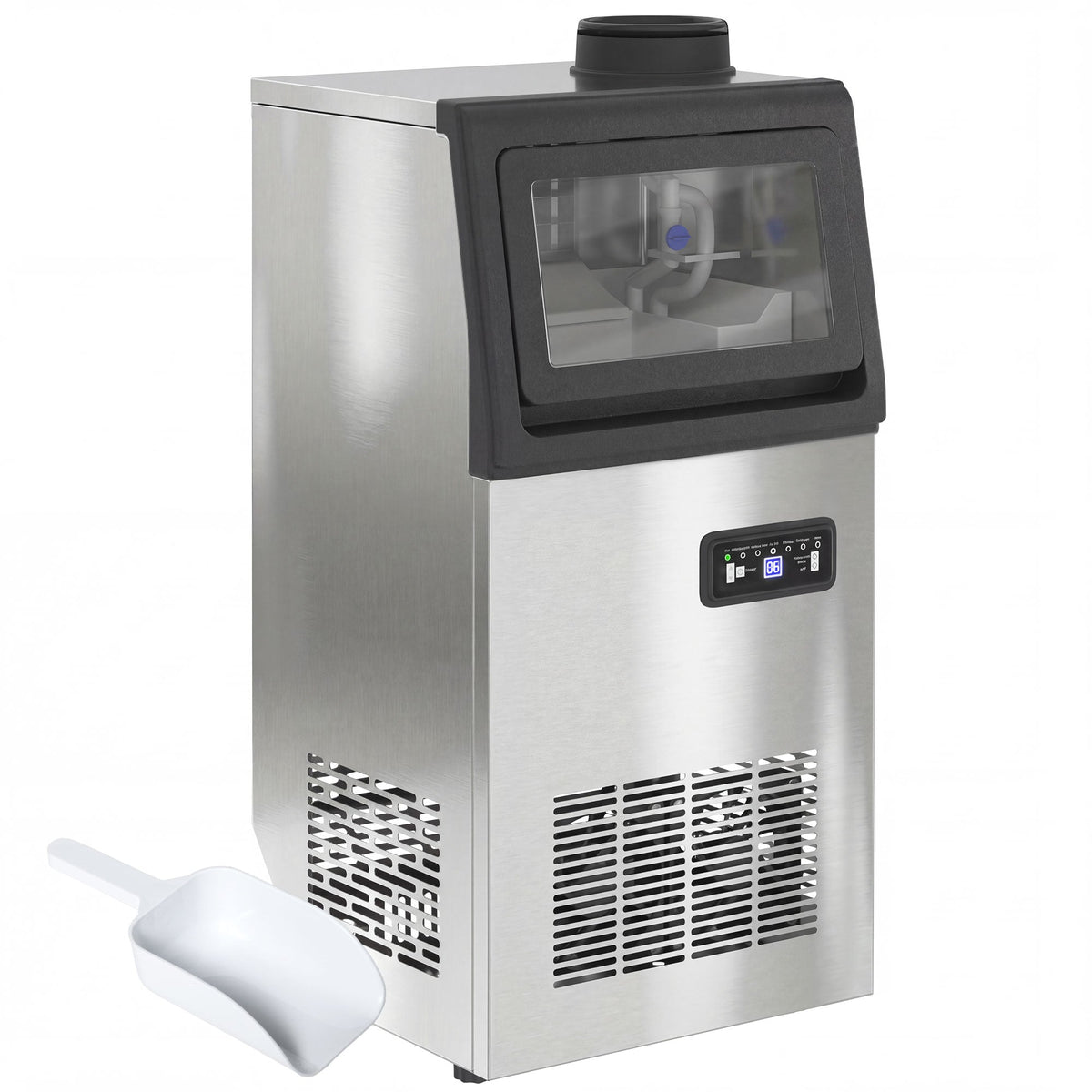 HOMCOM Commercial Ice Maker Machine, stainless steel with a clear viewing window and ice scoop