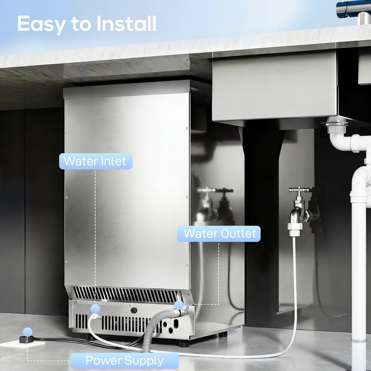 The back of the under-counter ice machine showing water and power connections