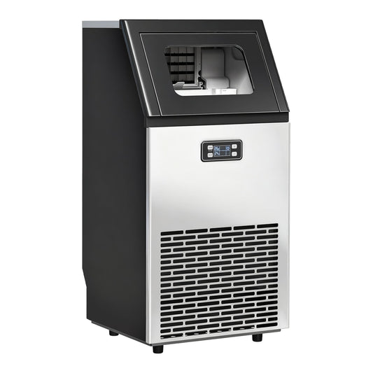 HOMCOM Commercial Ice Maker Machine in stainless steel with a black top and front ventilation grille