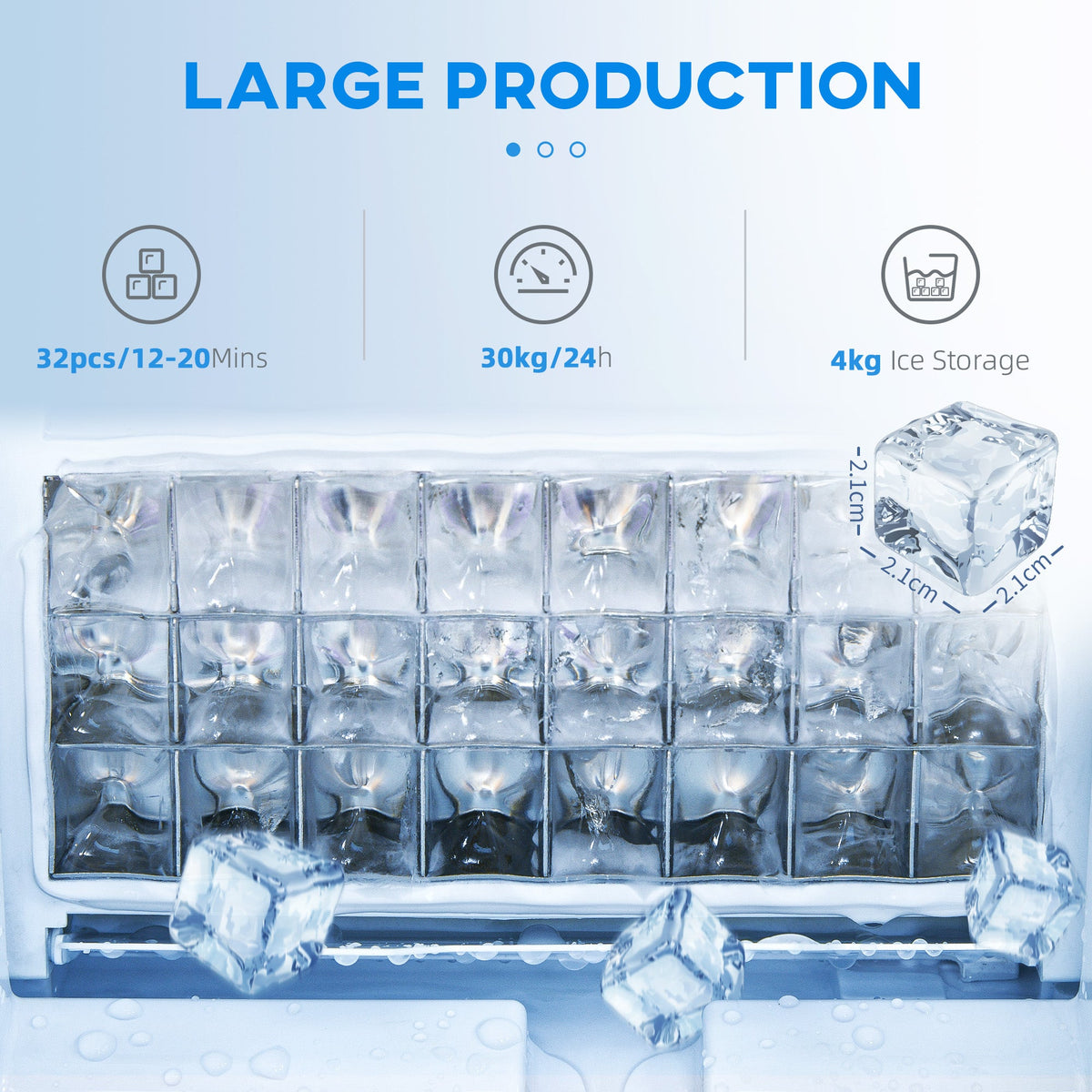 Close up of the ice making tray of the commercial ice maker with 4kg ice storage