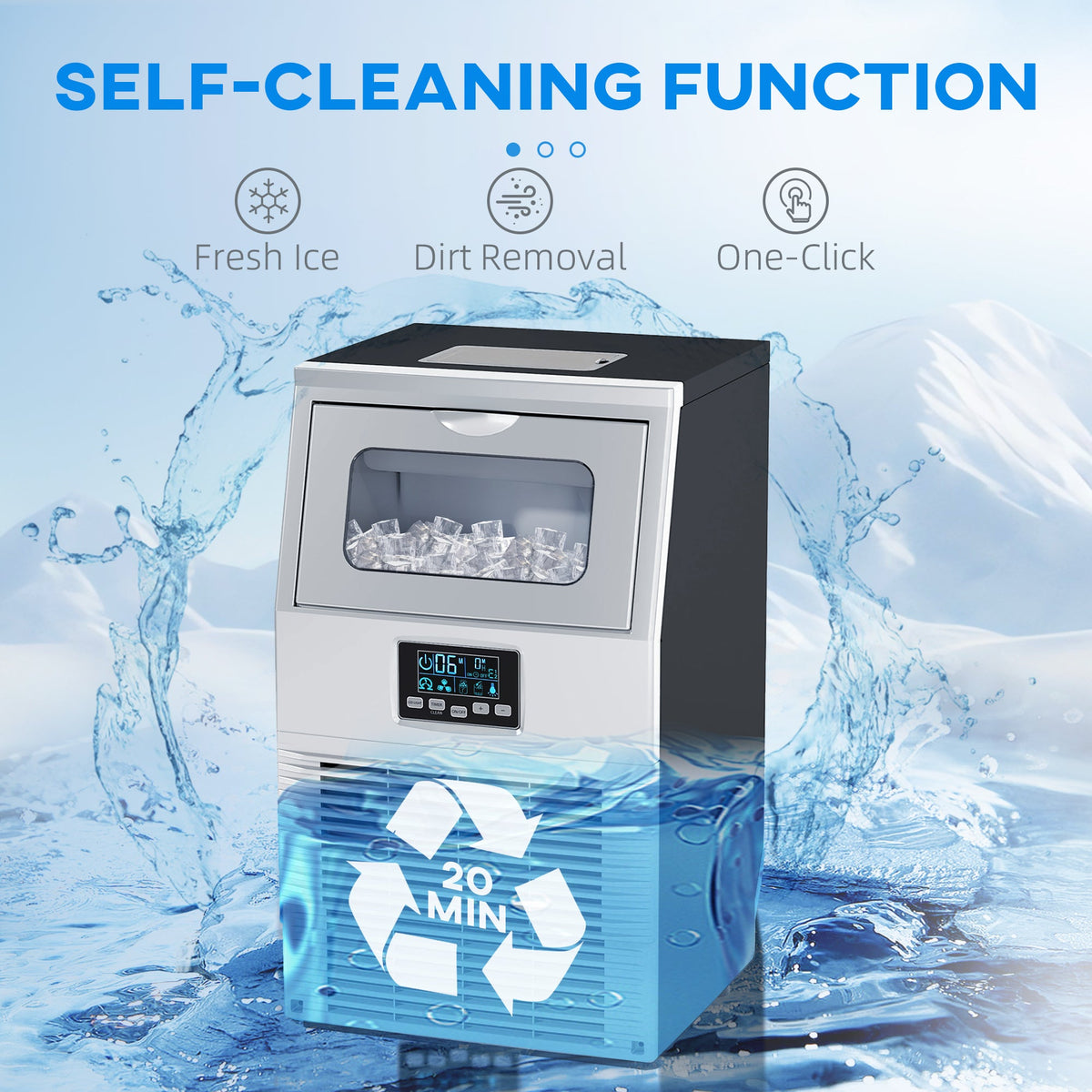 The commercial ice maker with 4kg ice storage shown with its self-cleaning function highlighted
