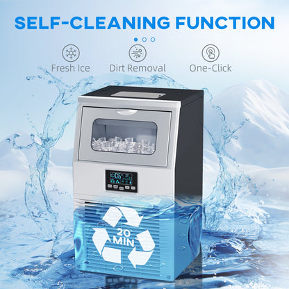 The commercial ice maker with 4kg ice storage shown with its self-cleaning function highlighted