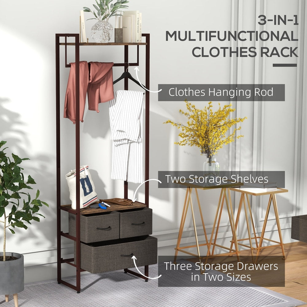 Multifunctional clothes rack with hanging rod, shelf and drawers