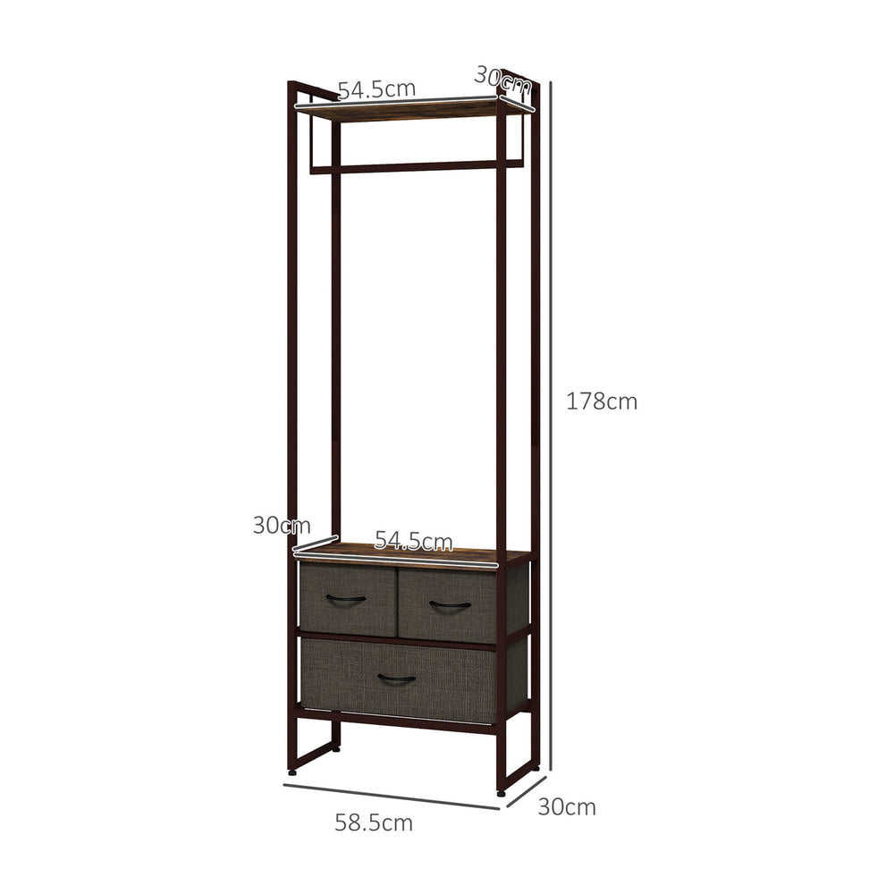 Compact clothes rail with drawers and shelf, showing dimensions