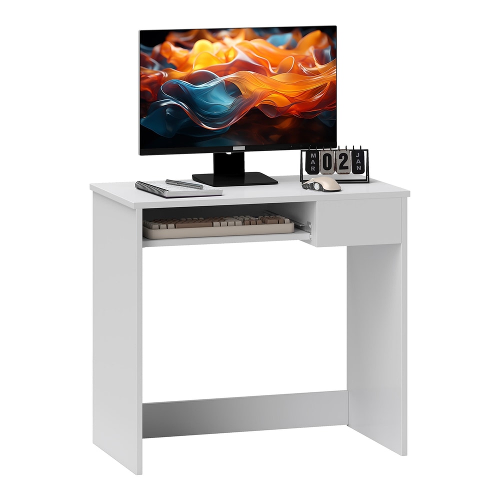 HOMCOM 80cm Compact Computer Desk with Keyboard Tray, a white desk with a keyboard tray and a drawer