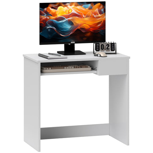 HOMCOM 80cm Compact Computer Desk with Keyboard Tray, a white desk with a keyboard tray and a drawer