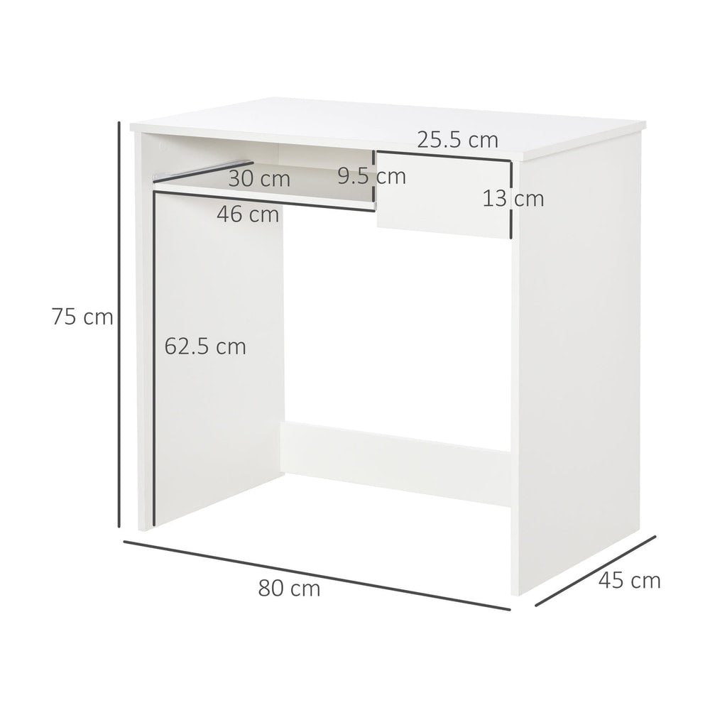 Dimensions of the compact computer desk with keyboard tray, showing height, width and depth