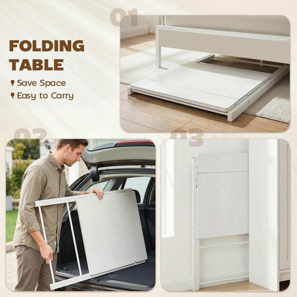 The office desk shown folded flat under a bed and being placed into a car boot