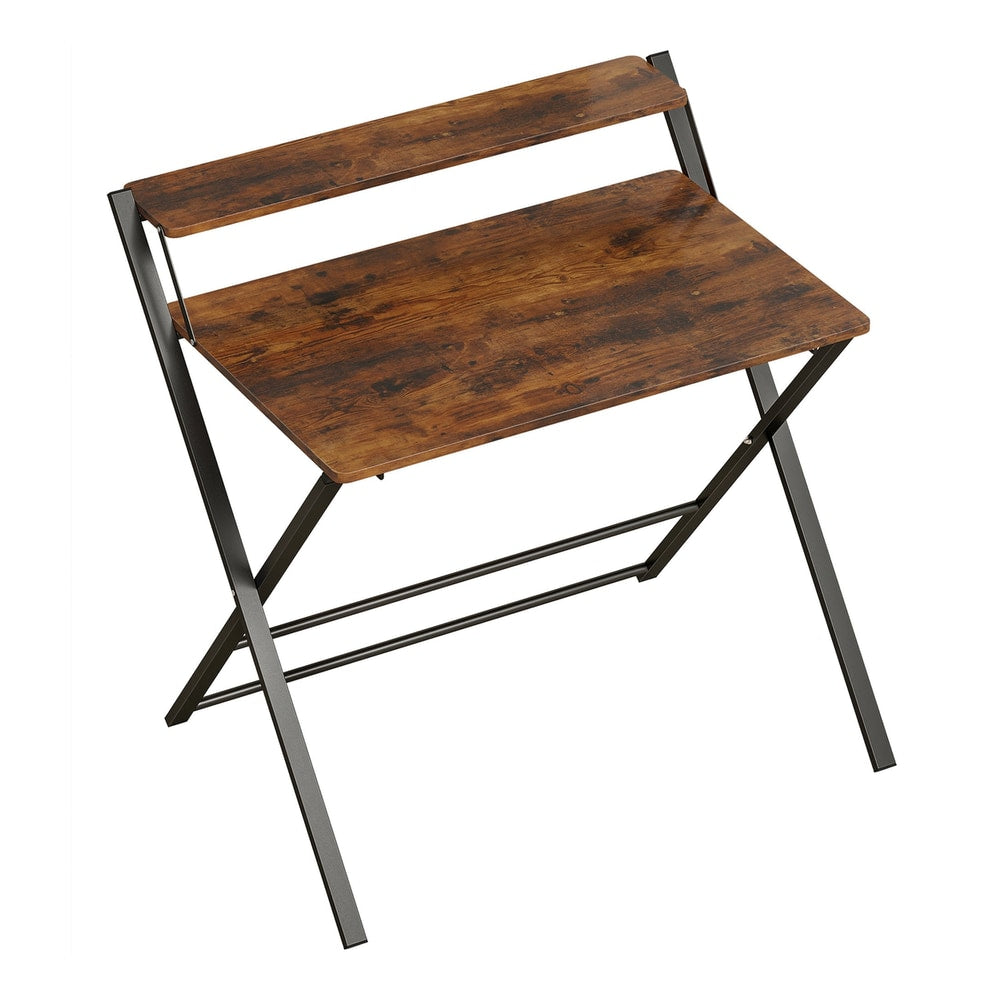 HOMCOM Compact Folding Desk with a rustic brown wood effect top and black metal legs