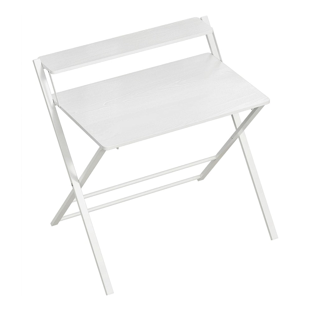 HOMCOM Compact Folding Desk in white with a top storage shelf and cross-legged frame