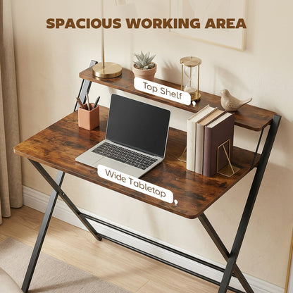 The rustic brown office desk with a spacious working area and top shelf