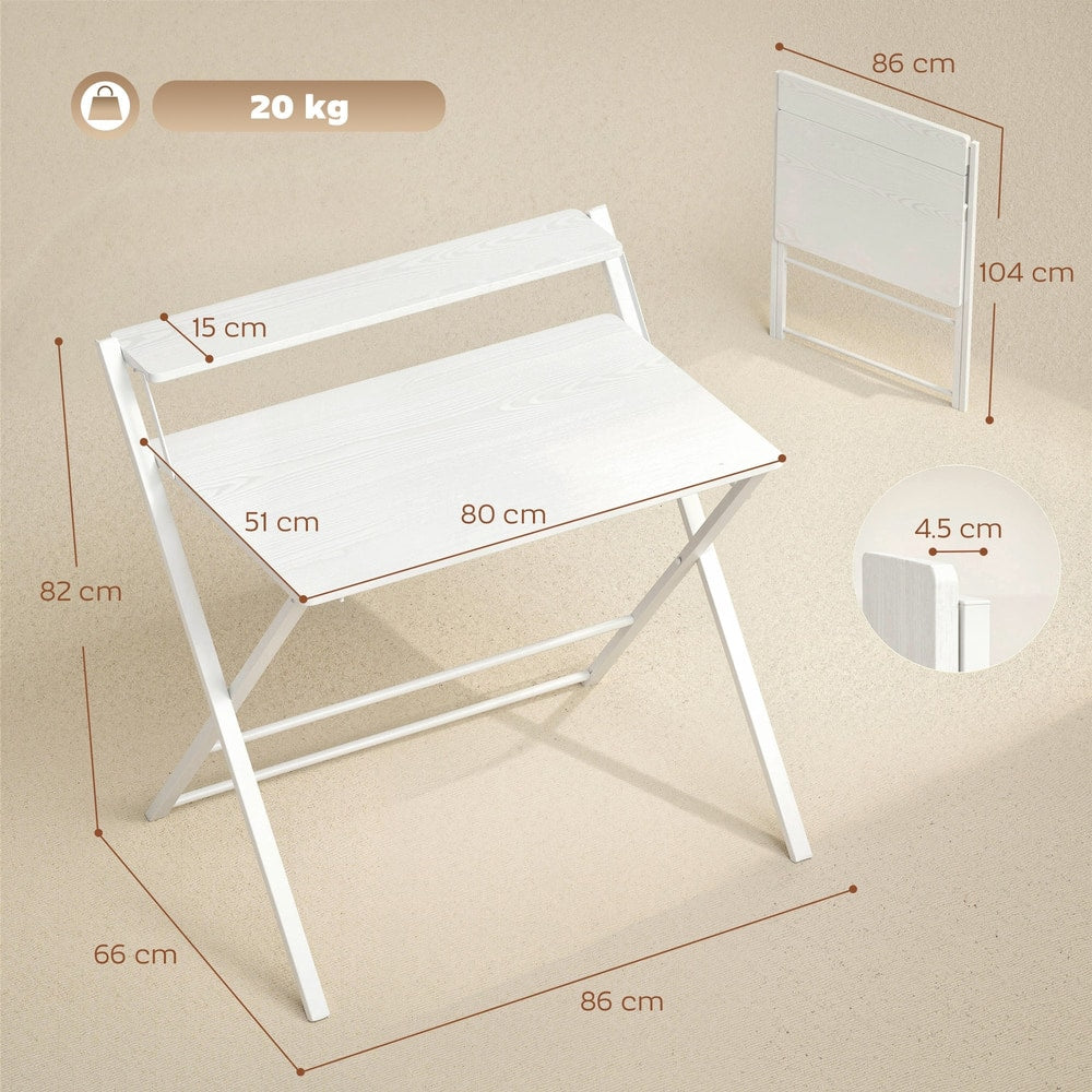 The office desk shown with various dimension lines and a folded side profile view