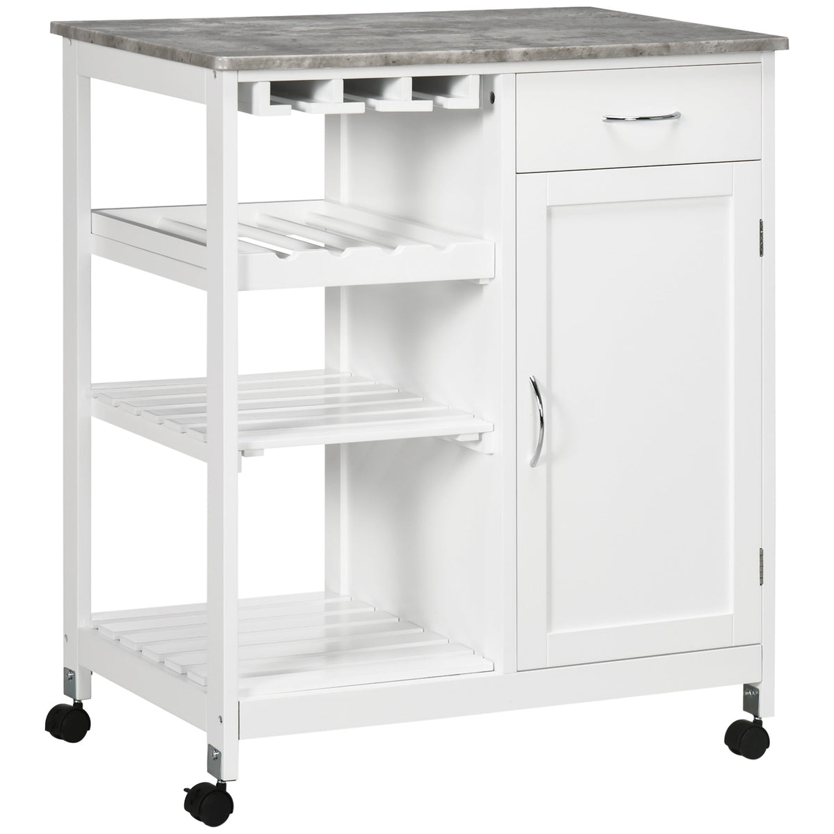 HOMCOM Compact Kitchen Trolley Utility Cart on Wheels with wine rack, drawer, open shelf and storage cabinet