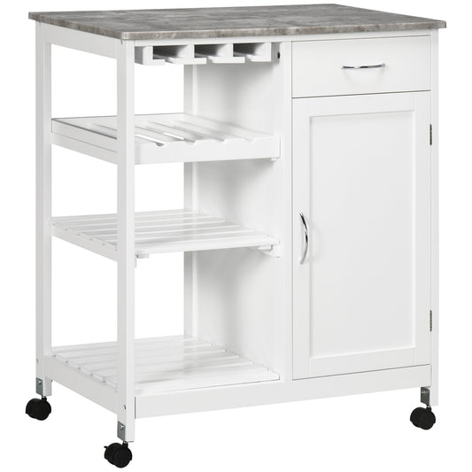 HOMCOM Compact Kitchen Trolley Utility Cart on Wheels with wine rack, drawer, open shelf and storage cabinet