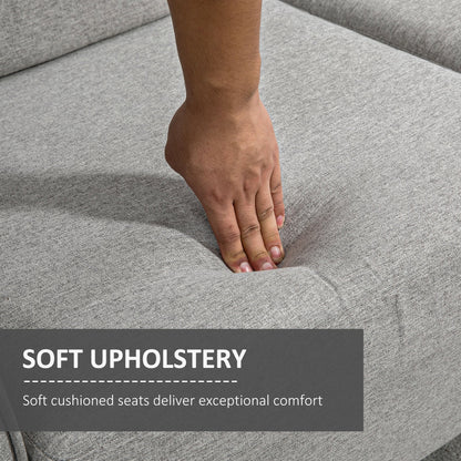 Close up of the soft cushioned seats of the light grey two seater sofa