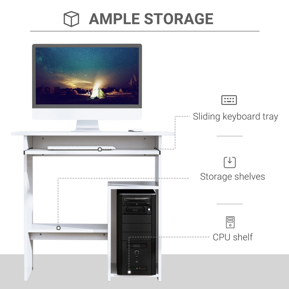 This white computer desk has a sliding keyboard tray and storage shelves for a CPU