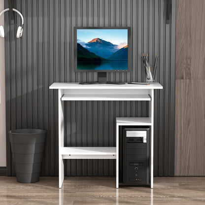 This white computer desk is shown in a home office setting with a computer and bin