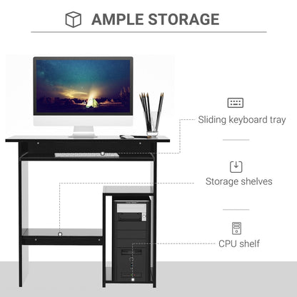 Close up of the computer desk showing the sliding keyboard tray and storage shelves