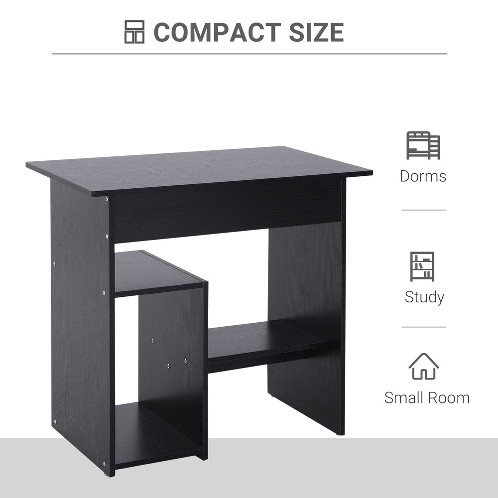 The small computer desk shown from the side with storage compartments