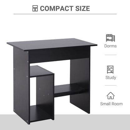 The small computer desk shown from the side with storage compartments