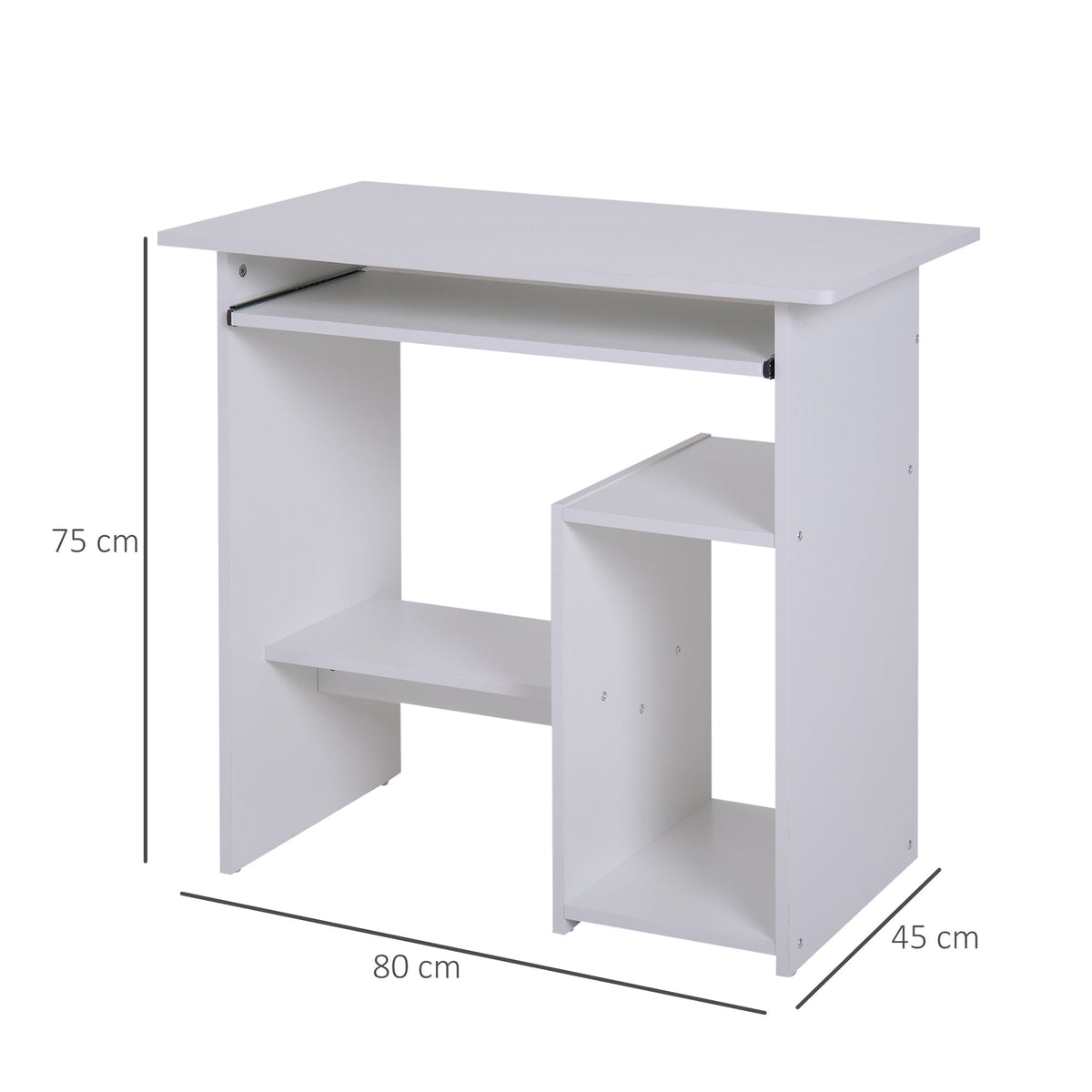 This white computer desk has a keyboard tray and two shelves, with dimensions shown
