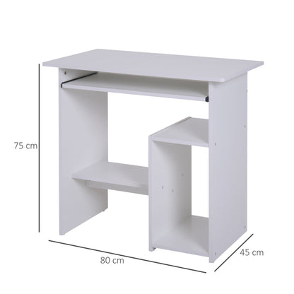 This white computer desk has a keyboard tray and two shelves, with dimensions shown