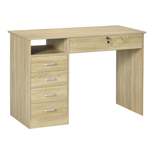 HOMCOM Computer Desk in oak effect with a lockable drawer and four storage drawers
