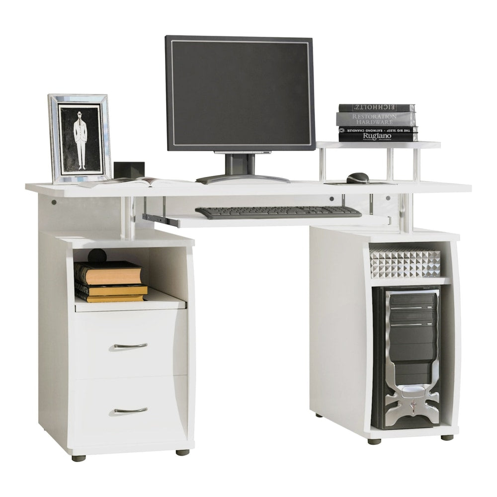 HOMCOM Computer Desk Office PC Table Workstation with keyboard tray and drawers in white
