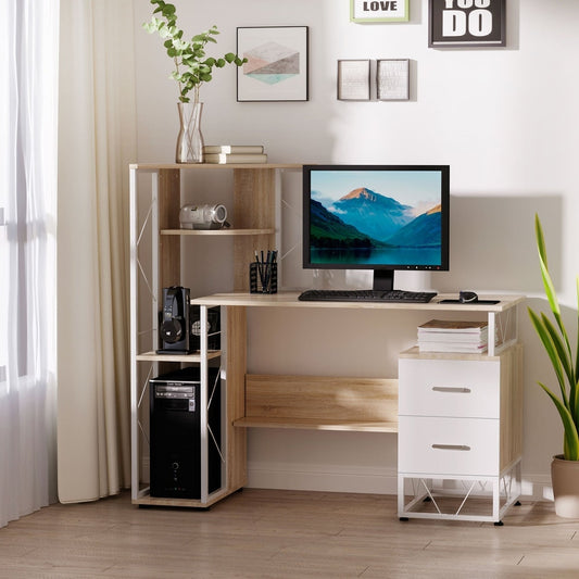 The oak effect computer desk with drawers and bookshelf set up in a home office with a desktop computer