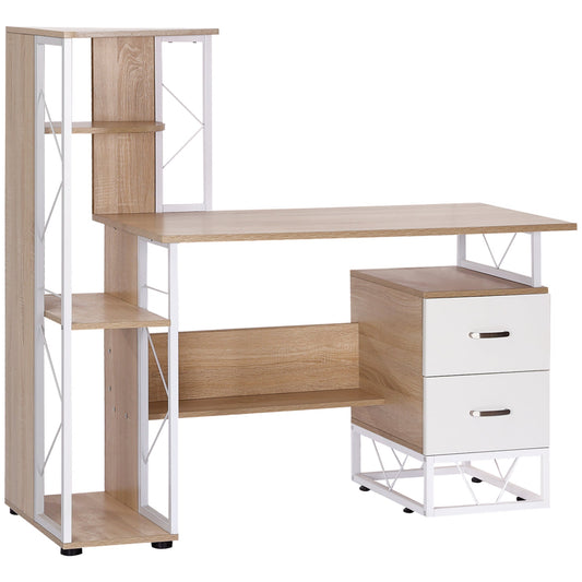 HOMCOM Computer Desk with Drawers and Bookshelf, a modern oak effect workstation with white metal frame