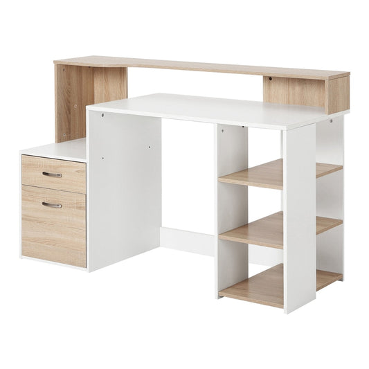 HOMCOM Computer Desk with Drawers and Storage Shelves, a large oak effect and white workstation with shelves and drawers