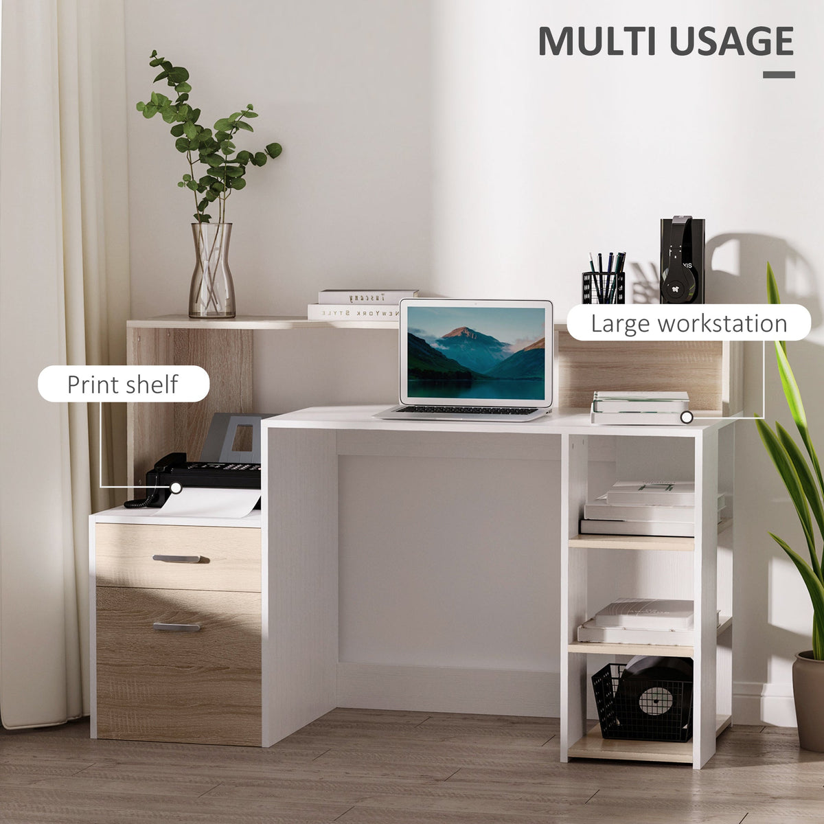 This oak effect and white computer desk is shown with a printer on a shelf and a laptop on the main surface