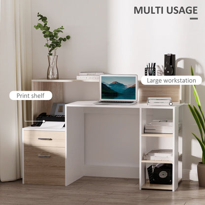 This oak effect and white computer desk is shown with a printer on a shelf and a laptop on the main surface