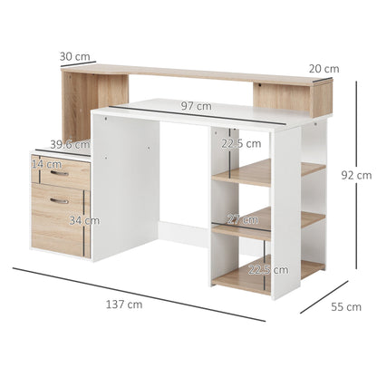 Dimensions of the oak effect and white computer desk, showing height, width and depth measurements