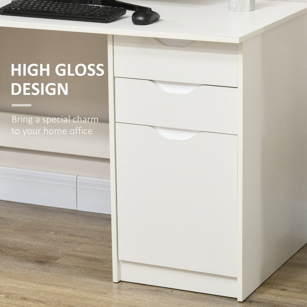 Close up of the white computer desk with drawers, showing the high gloss finish and drawer fronts