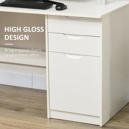 Close up of the white computer desk with drawers, showing the high gloss finish and drawer fronts