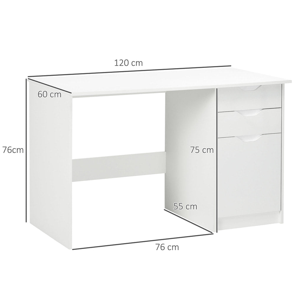 Size diagram of the white computer desk with drawers, showing dimensions