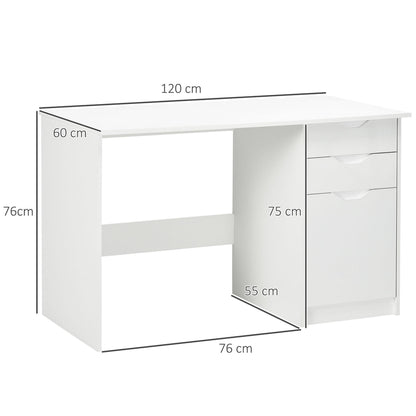 Size diagram of the white computer desk with drawers, showing dimensions