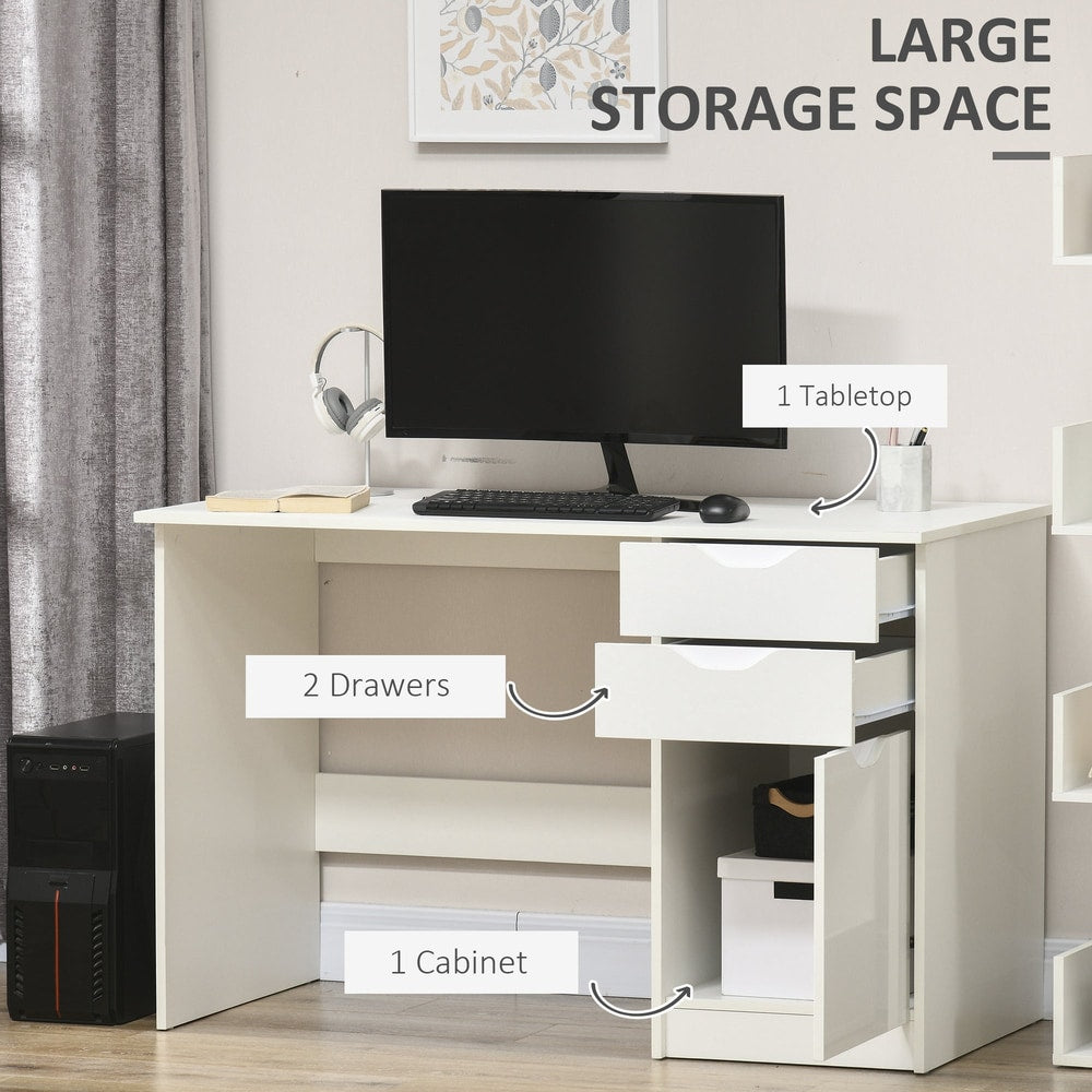 The white computer desk with drawers, showing storage space including two drawers and a cabinet