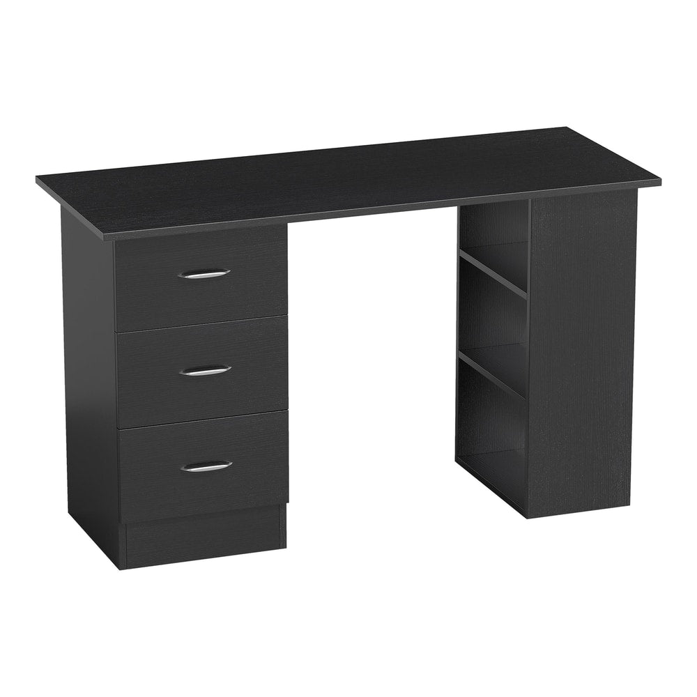 HOMCOM Computer Desk with Drawers, a black home office desk with three drawers on the left and three open shelves on the